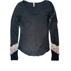 We The Free People Large Black Thermal Waffle Knit Top With Bandana Cuffs